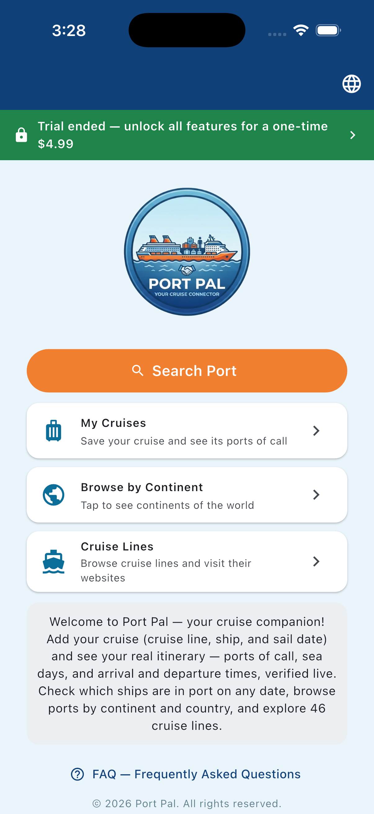 Port Pal Pro home screen with universal search