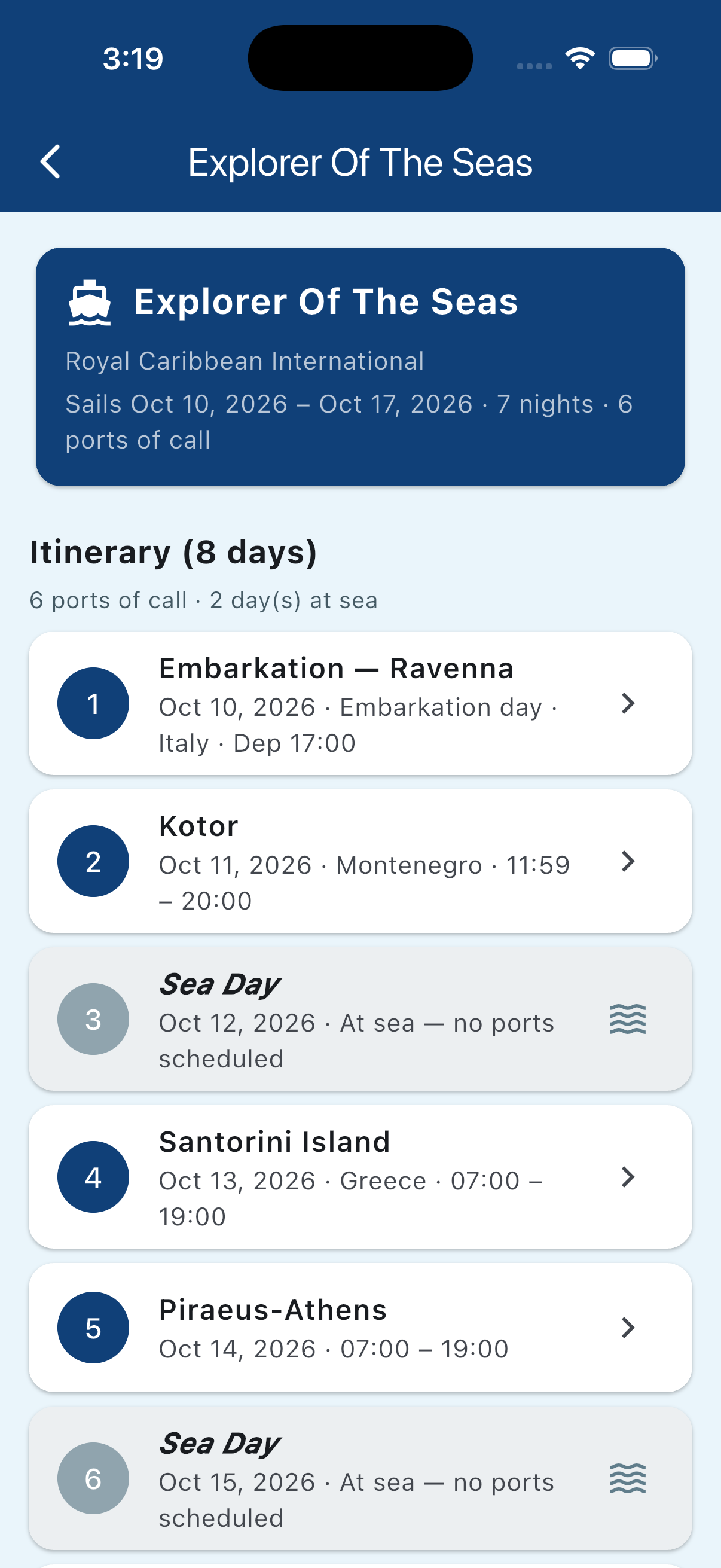 My Cruises list with upcoming and past sailings