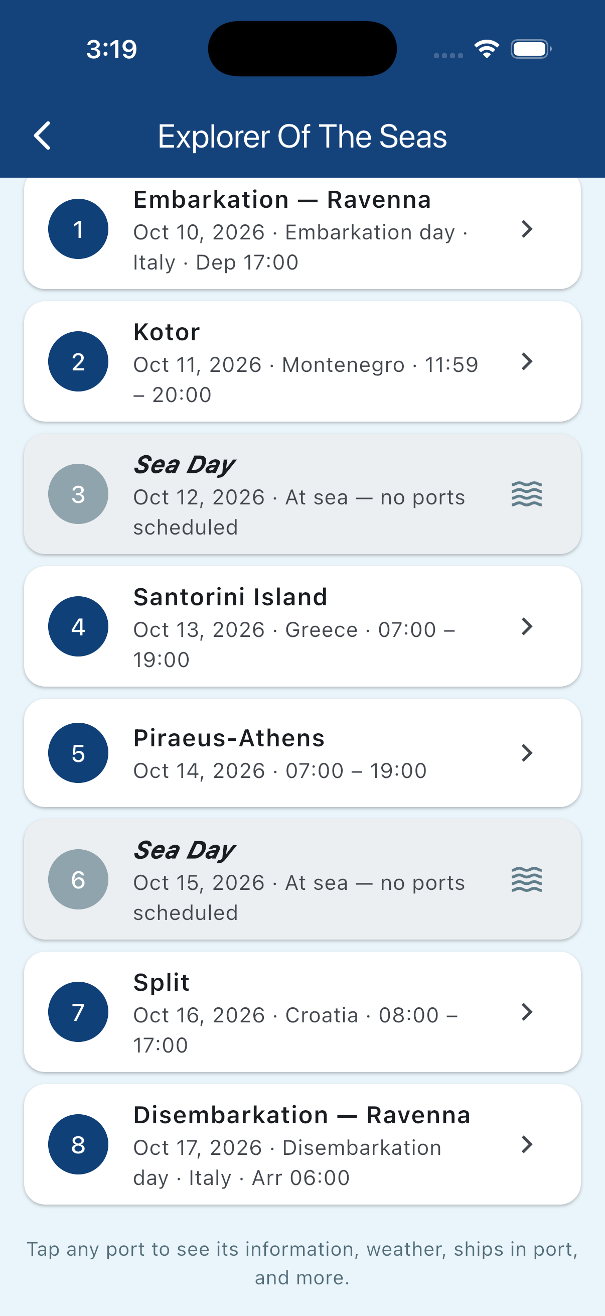 Day-by-day itinerary view