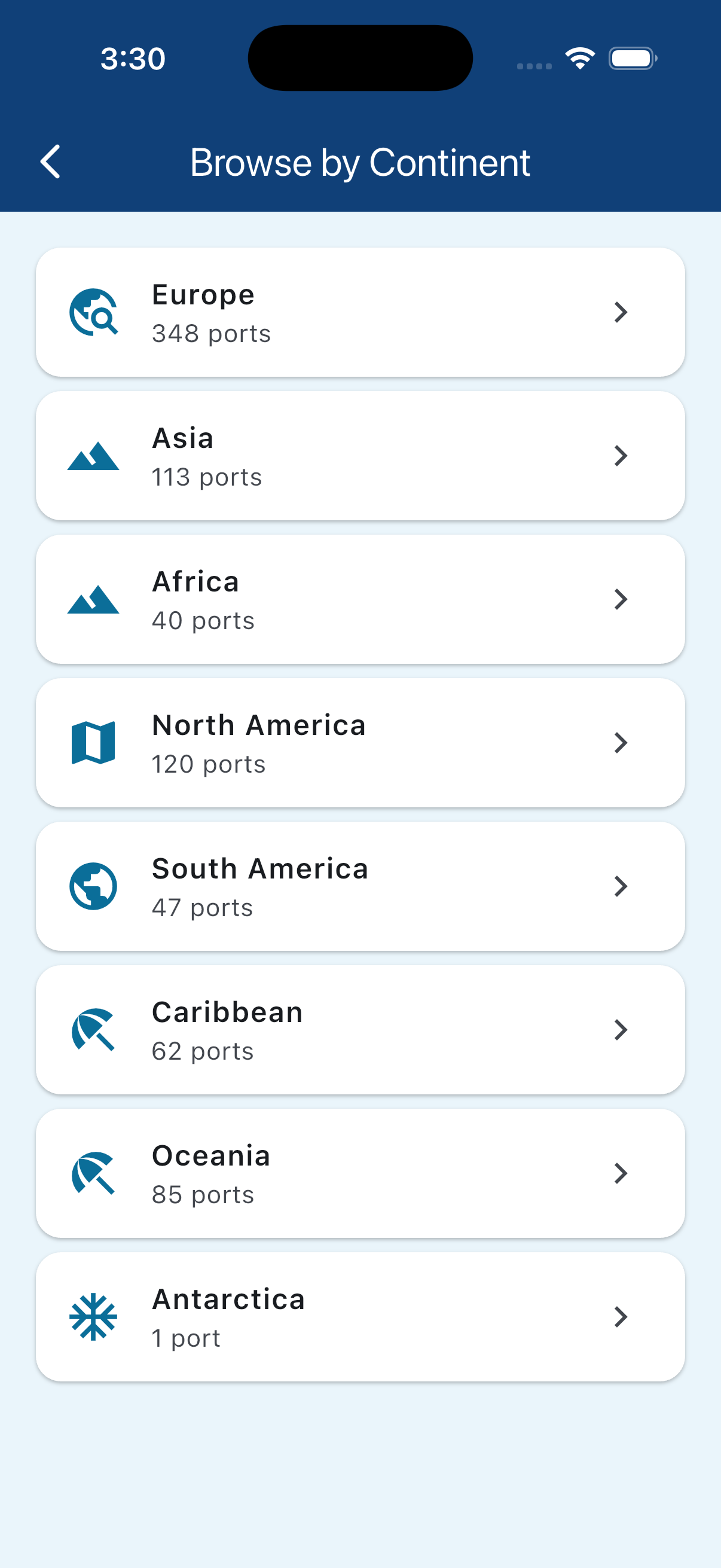 Browse ports by continent
