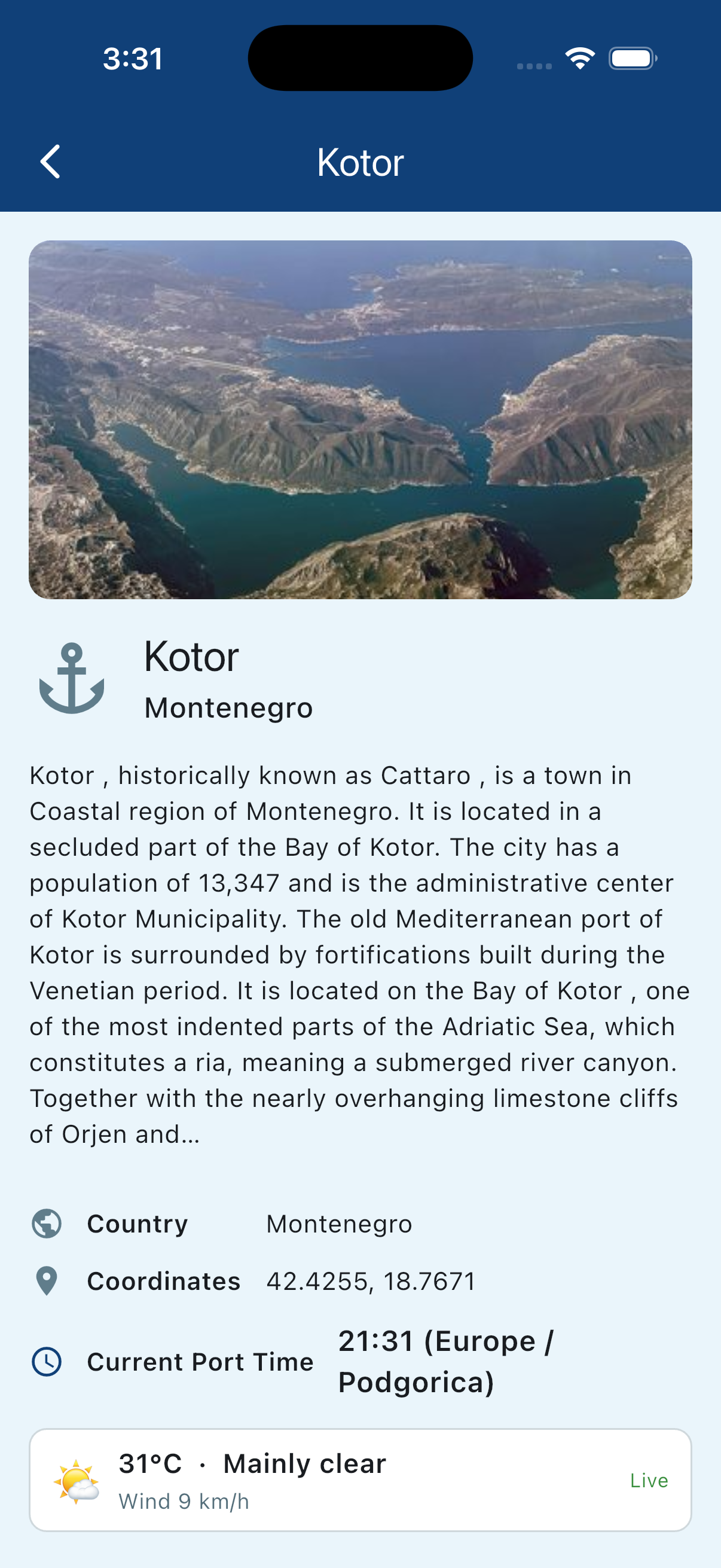 Port detail page for Kotor, Montenegro with photos and local information