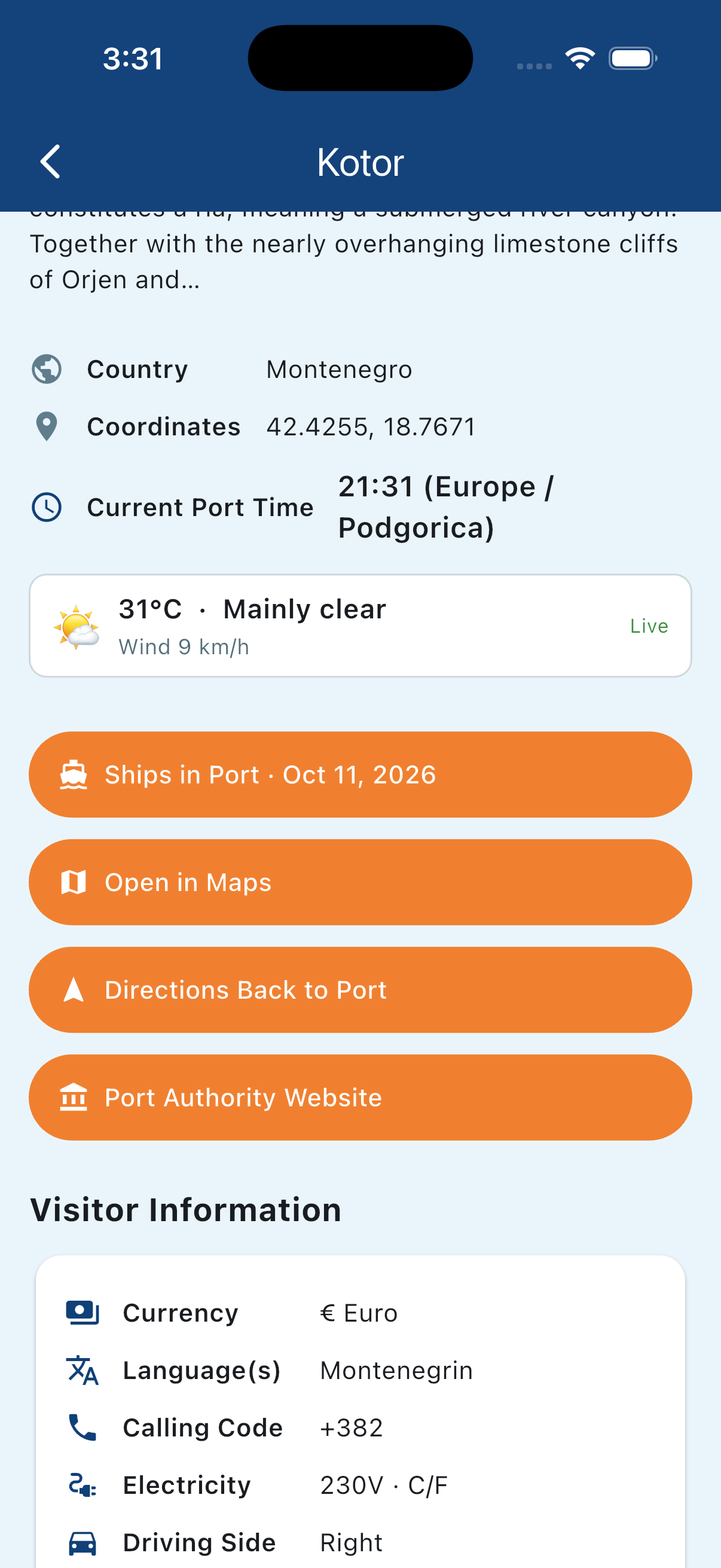 Port weather forecast screen