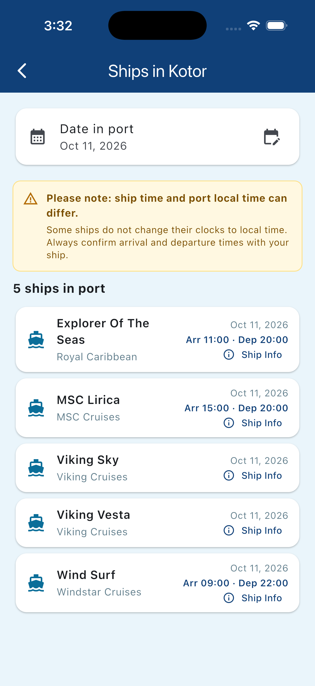 Ships in port today with arrival and departure times