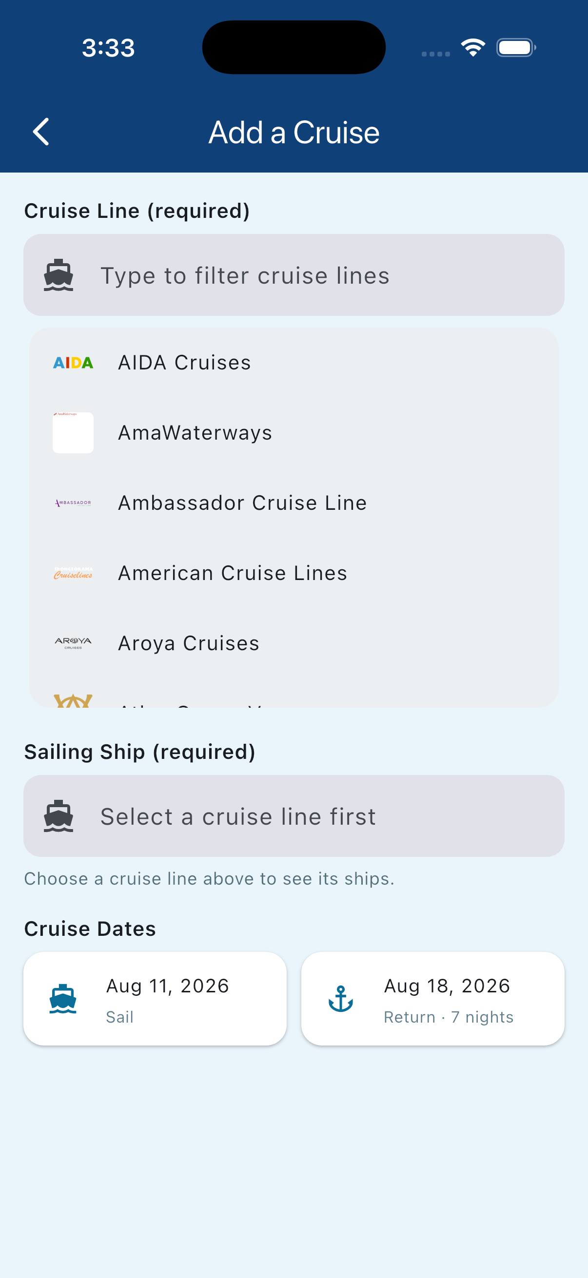 Adding a cruise by choosing a cruise line