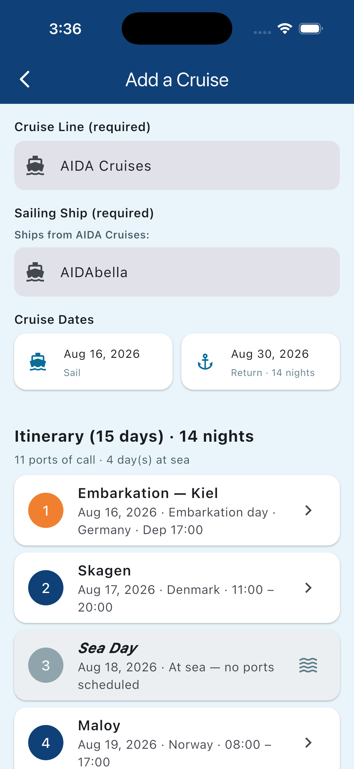 Saved cruise itinerary for a Norway sailing showing each port day